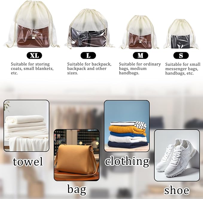 16 PCS Purse Dust Bags for Handbags Dustproof Drawstring Storage Bag with Clear Window, Non Woven Fabric Travel Shoe Storage Bag Beige Dust Cover Fabric Handbag Pouch Covers with Assorted Sizes
