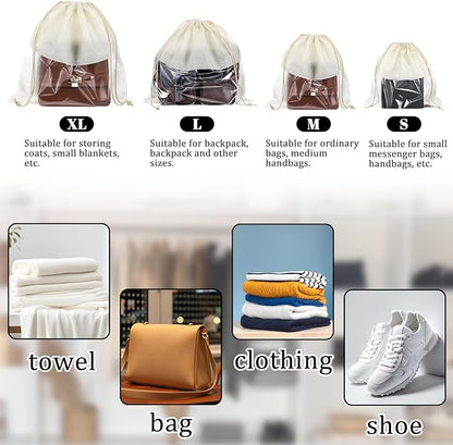 16 PCS Purse Dust Bags for Handbags Dustproof Drawstring Storage Bag with Clear Window, Non Woven Fabric Travel Shoe Storage Bag Beige Dust Cover Fabric Handbag Pouch Covers with Assorted Sizes