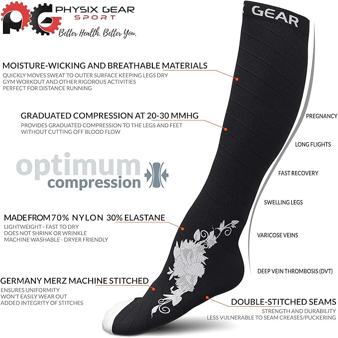 Physix Gear Compression Socks 20-30 mmHg - Men & Women - Running, Nurses, Shin Splints, Flight, Travel