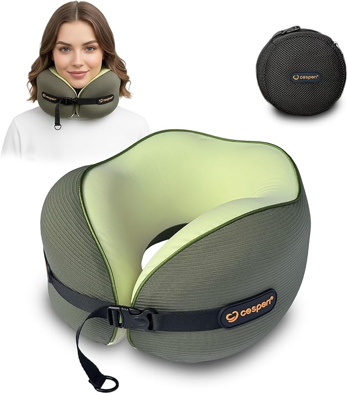 Cesperi® Travel Neck Pillow for Airplanes, Ergonomic Design for Petite Neck, Airplane Neck Pillow with Memory Foam, Travel Essentials for Flights, Car Rides, and Home Rest, Small (Avocado Green)