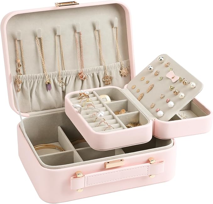 Large Jewelry Travel Organizer, Large Travel Jewelry Box with Removable Jewelry Tray, 2-Layer Jewelry Boxes for Women, Pink
