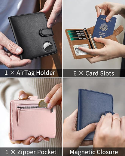 Passport Holder for Travel with AirTag Holder- Leather RFID Blocking Travel accessories with 5 Cards Slot&1ID Window,Magnetic Closure,Gift Box(Air Tag Not Included)