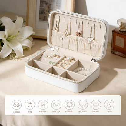 Elegant Travel Jewelry Case for Women - Multi-Function Jewelry Organizer with Necklace Hooks, Ring Slot, and Velvet Lining, Perfect for Trips White