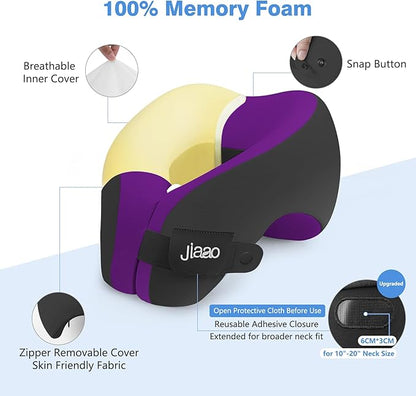 jiaao Neck Pillow Airplane, Memory Foam Travel Neck Pillows for Long Flight, 3D Eye Masks, Ear Plugs and Portable Drawstring Bag, Napping Pillow for Home, Road Trips, Sleep Rest and Travel Use