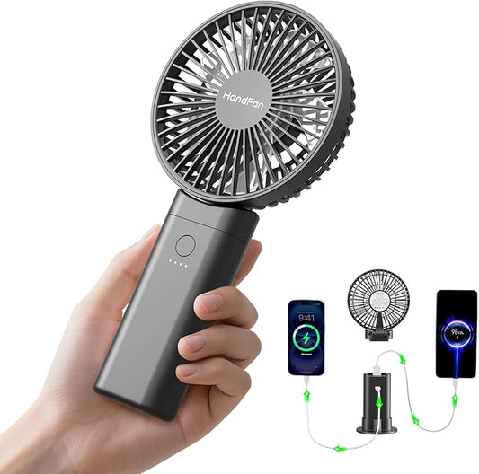 HandFan Upgraded 10,000 mAh Quiet Handheld Fan - 4.5 Inch Large Hand Held Fans Reahargeable, Portable Fan [30 Working Hours] with Charging Function, Lanyard, Base for Travel/Concerts/Lash/Office