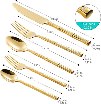 Flatware Set Stainless Steel Gold Silverware Set Cutlery Set Bamboo Pattern Mirror Finished 30 Pieces Home Event Use Wedding Housewarming Gift Service for 6