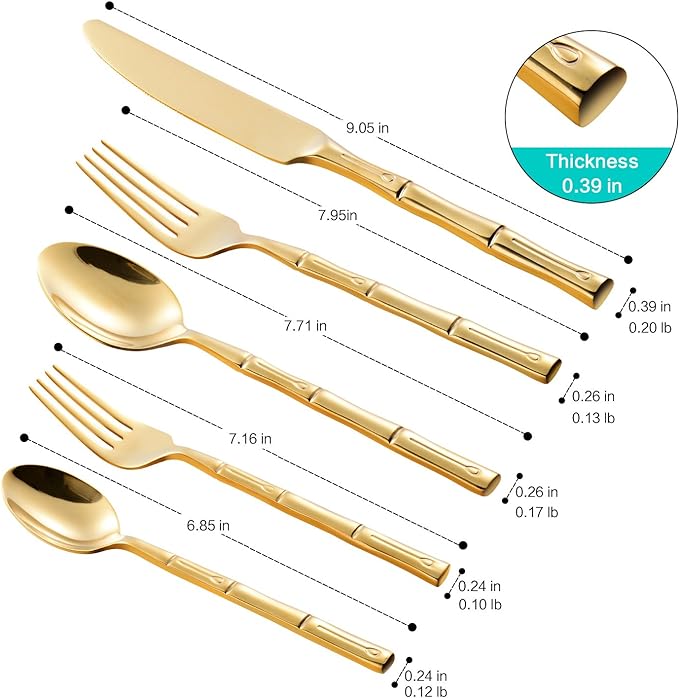 Flatware Set Gold Silverware Set Stainless Steel Bamboo Handle Cutlery Set Mirror Polished 40 Pieces for Home Kitchen Restaurant Hotel Wedding Housewarming Gift Service for 8
