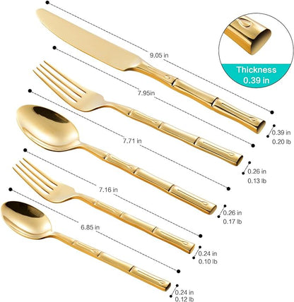 Flatware Set Gold Silverware Set Stainless Steel Bamboo Handle Cutlery Set Mirror Polished 40 Pieces for Home Kitchen Restaurant Hotel Wedding Housewarming Gift Service for 8