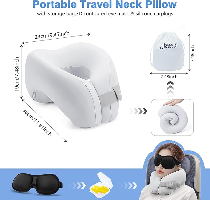jiaao Neck Pillow Airplane, Memory Foam Travel Neck Pillows for Long Flight, 3D Eye Masks, Ear Plugs and Portable Drawstring Bag, Napping Pillow for Home, Road Trips, Sleep Rest and Travel Use