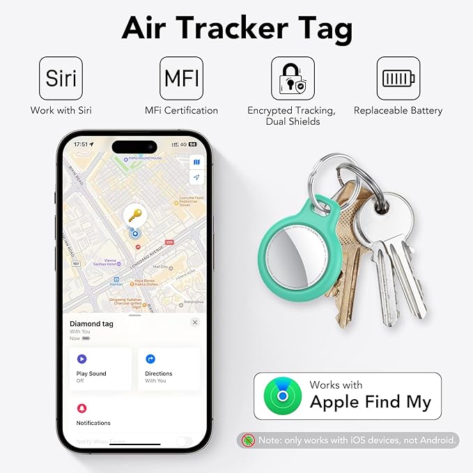 Air Tracker Tags 6 Pack, Bluetooth Trackers Work with Apple Find My (iOS Only), Smart Tag with Protective Case/Keychain, Item Finders for Luggage/Key/Suitcases, Replaceable Battery, Mint Cyan