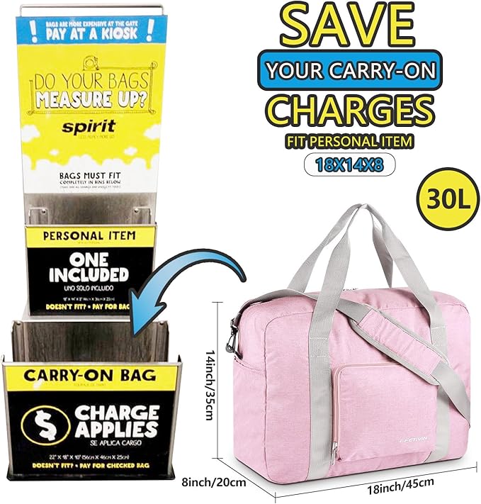 For Spirit Airlines Personal Item Bag 18x14x8 Foldable Travel Duffel Bag Underseat Carry-on Luggage for Women and men 30L(Pink)