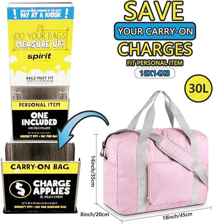 For Spirit Airlines Personal Item Bag 18x14x8 Foldable Travel Duffel Bag Underseat Carry-on Luggage for Women and men 30L(Pink)