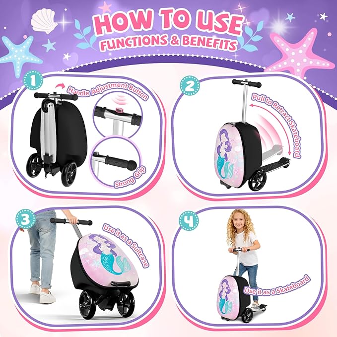Scooter Suitcase for Kids, 2 in 1 Ride-on Luggage with Flash PU Wheels, Adjustable Handle & TPR Non-Slip Grip, Foldable & Lightweight, Ages 5-12