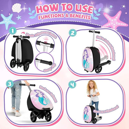 Scooter Suitcase for Kids, 2 in 1 Ride-on Luggage with Flash PU Wheels, Adjustable Handle & TPR Non-Slip Grip, Foldable & Lightweight, Ages 5-12