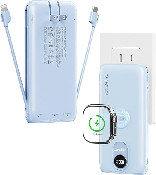 Portable Charger, 10000mAh 22.5W Fast Charging Power Bank with Built in Cable & Wall Plug, Travel Essential Battery Pack with LED Display, External Charger for iPhone, iWatch 11/10/9/8/Ultra/SE Blue