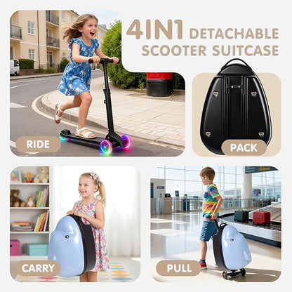 smilesun 4-in-1 Detachable Scooter Suitcase for Kids & Teens, 3D Owl/Dolphin Hardside Ride-On Luggage, Lightweight Foldable Design, Unique Travel Gift for Children (Dolphin, 22-inch)