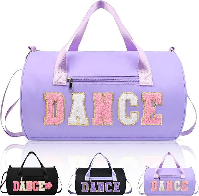 Dance Bag for Girls, KUIRAN 23L Waterproof Travel Duffel Bag with Colorful Chenille Letter, Lightweight Small Gym Sport Ballet Weekender Bag with Large Main Compartment - Purple