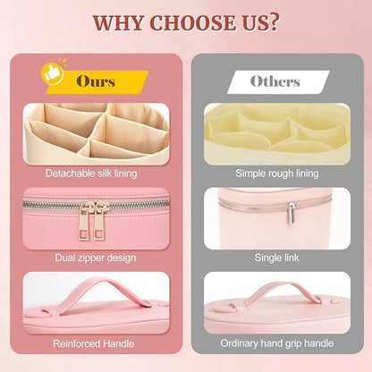 Makeup Case for Women,Travel Make Up Bag Organizer With Compartments and Handle,Portable Cosmetic Bags for Girl,Toiletry Bag for Women - Pink