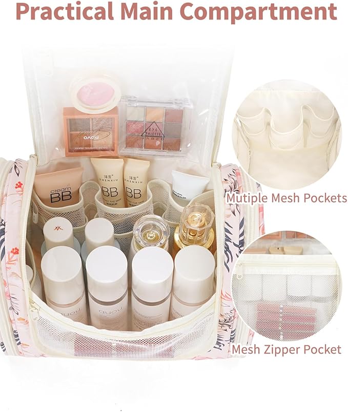 Narwey Hanging Toiletry Bag for Women Travel Makeup Bag Organizer Toiletries Bag for Cosmetics Essentials Accessories (Large, Beige Bird)