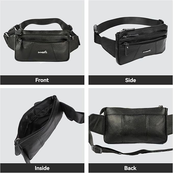 Genuine Leather Fanny Pack For Men and Women Multiple Pockets Waist Bag with Adjustable Strap for Outdoors Workout Traveling Casual Running Hiking Cycling Black Belt Bag