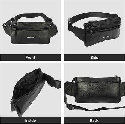 Genuine Leather Fanny Pack For Men and Women Multiple Pockets Waist Bag with Adjustable Strap for Outdoors Workout Traveling Casual Running Hiking Cycling Black Belt Bag