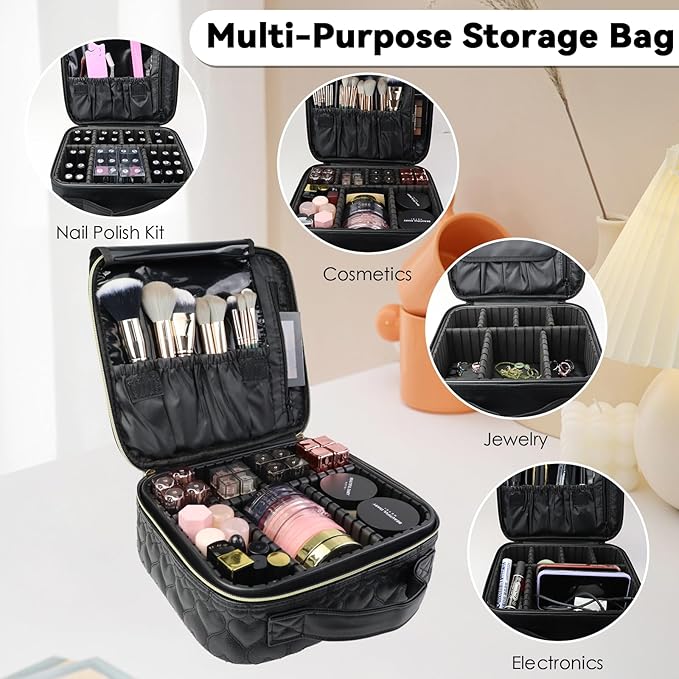 Travel Makeup Bag Makeup Cosmetic Train Case Organizer Portable Storage Bag with Adjustable Dividers for Cosmetics Makeup Brushes Toiletry Jewelry Heart Pattern