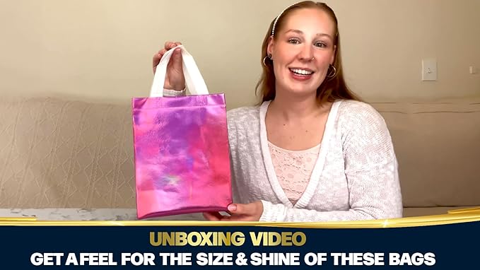 Nush Nush Pink Iridescent Gift Bags Bulk Medium Size – Set of 30 Reusable Holographic Pink Gift Bags Bulk With Handles - For Small Business, Bridal Shower, Birthday Party Favor, Christmas – 8x4x10