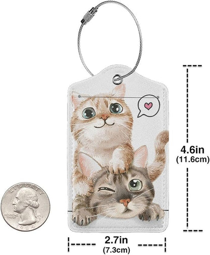 Set of 2 Cute Cats Luggage Tags for Suitcases Bag Tag with Full Back Privacy Suitcase Labels Identifiers, Funny Animals Pattern PU Leather Backpack Name Tags for Women Girls Teen Kids Boys Travel
