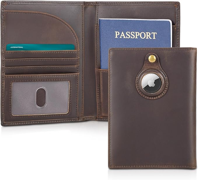 Polare Full Grain Leather Passport Holder RFID Blocking Travel Bifold Wallet Passport Holders 2 Passports (Dark Brown with AirTag Slot)