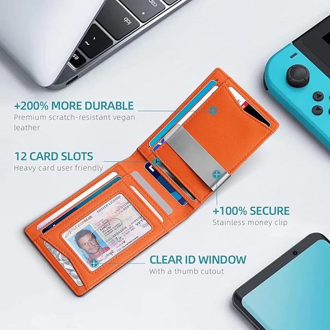Zitahli Money Clip Wallets for Men,Slim Bifold Wallet 10-12 Cards, Mens Leather Wallet with ID Window,RFID Blocking Thin Minimalist Credit Card Holder,Gifts for Him