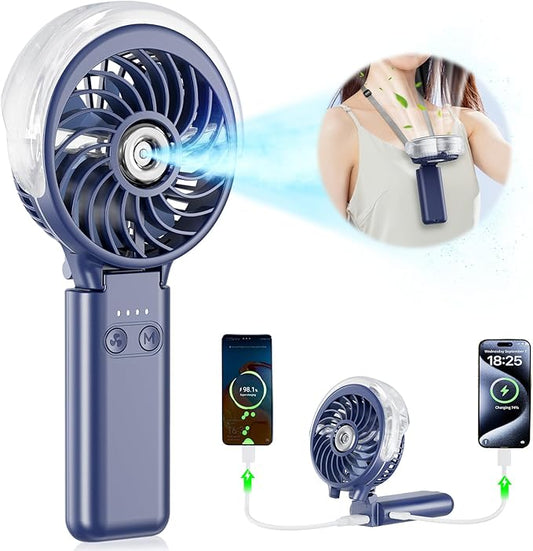 HandFan 5200mAh Upgraded Handheld Misting Fan, Portable Mister Fan Rechargeable, Spray Water Mist Fans, Electric Hand Cooling Ice Fans for Summer Beach Travel Concerts, Gifts for Women(Royal Blue)