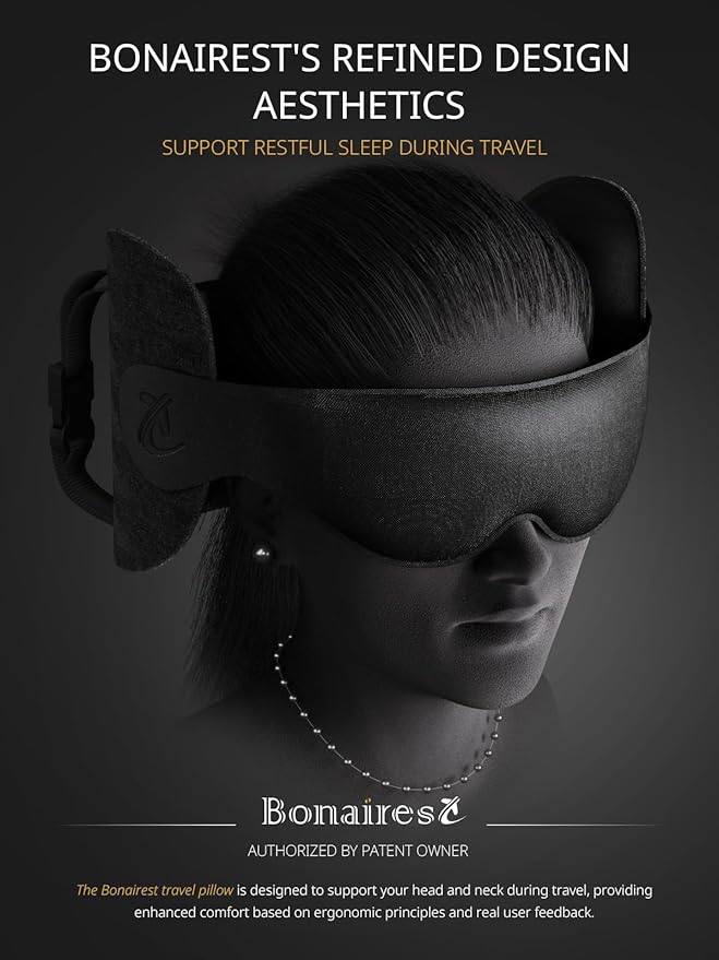 Travel Pillow, Airplane Neck Pillow for Long Flight, Oversized Head Strap with 3D Eye Mask for Sleep, 360°Support Headrest, Stop Bobblehead, Ultimate Travel Essentials for Men Women Black