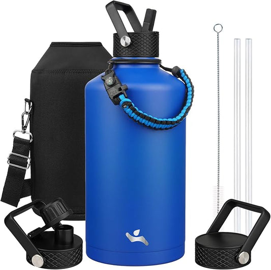 Gallon Insulated Water Bottle with Straw,128 oz 3 Lids Water Jug with Carrying Bag,Paracord Handle, Double Wall Vacuum Stainless Steel Metal Flask,Blue