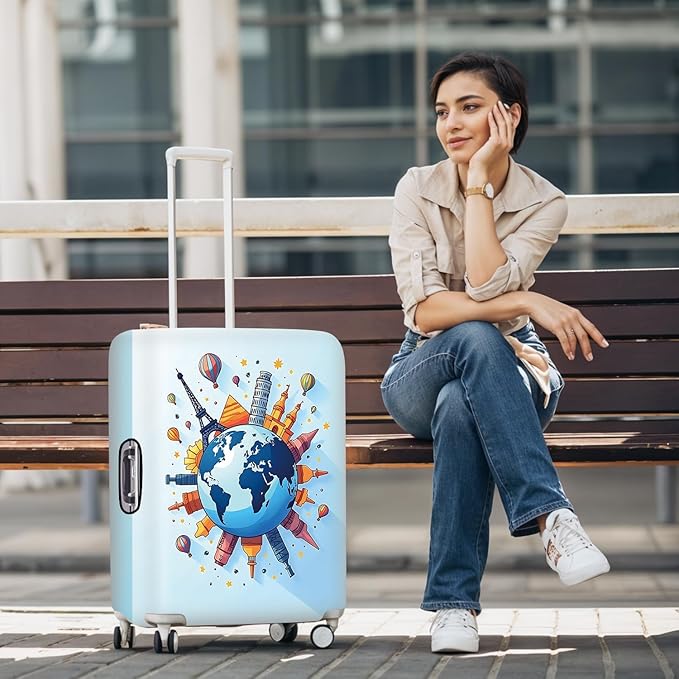 Luggage Cover - World Travel Themed Suitcase Protector with Iconic Landmarks and Hot Air Balloons Tsa Approved- Durable, Elastic, and Stylish Design for Travel Bags,L