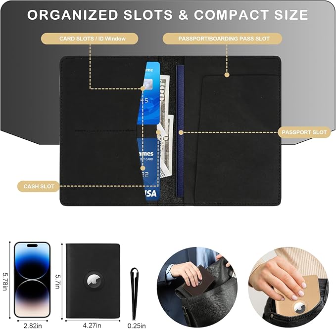 Airtag Passport Holder for Men and Women Travel, Real Leather Passport Wallet, Handmade Passport Cover Case with Airtag Slot, Travel Must Haves Essentials Accessories Birthday Gifts(Crazy Horse,Black)