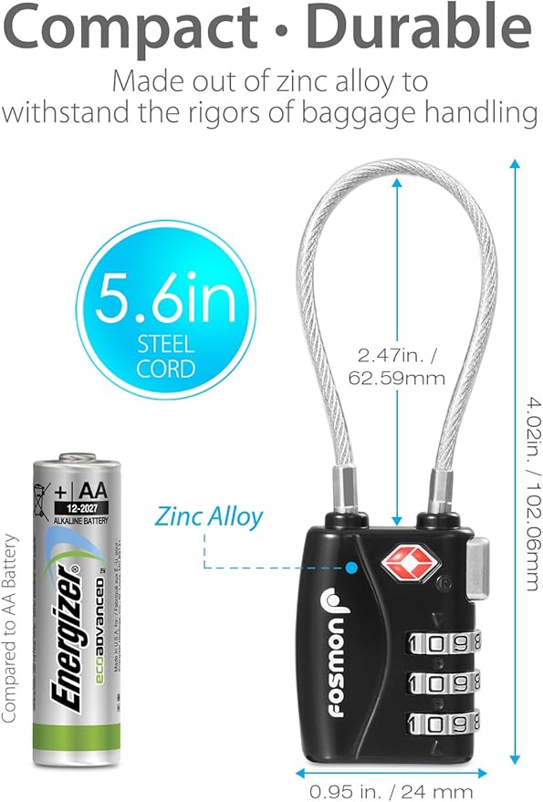 Fosmon TSA Approved Cable Locks for Luggage, Suitcase, Gun Case Locks with Push Release Button, 3 Digit Long Shackle Combination Wire Locks for Backpack Zipper Anti Theft, Gym Locker -3 Pack, Black