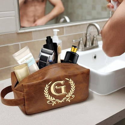 Engraved Letter Toiletry Bag Leather Waterproof Travel Kit, Personalized Gifts for Dad Husband Boyfriend - DarkBrown(G)