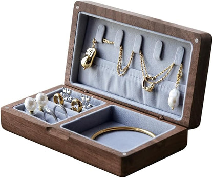 Walnut Wooden Small Jewelry Box - Mini Wood Travel Jewelry Case Portable Organizer for Rings, Earrings, Necklaces & Bracelets Storage Women Girls Men (Gray)