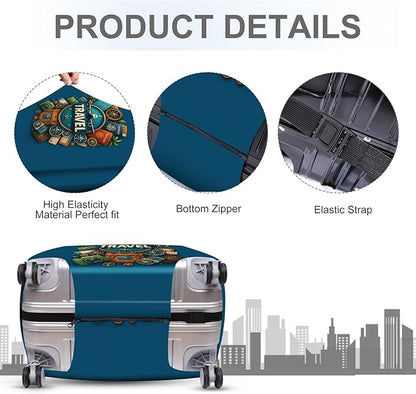 ANNA QUEEN Travel Around the World Luggage Cover, Colorful Landmark Suitcase Protector with Airplane & Globe Design, Stretchable, Washable Travel Sleeve for 20-34 Inch Luggage