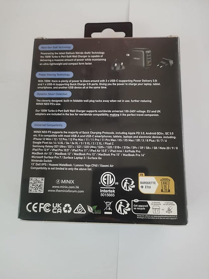 MINIX NEO P3 100W Turbo 4-Port GaN Wall Charger, 3 x USB C port Fast Charging Power Adapter(Max 100W/20W), 1 USB-A (Max 18W). Compatible with MacBook Pro Air, iPad Pro, iPhone 17/16 Pro Max,Galaxy S23