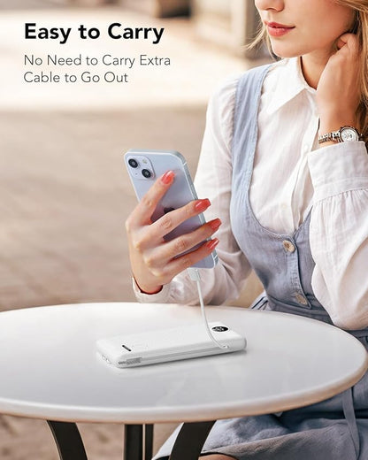 VRURC Portable Charger with Cables and Wall Plug | Power Bank with Cords | 10000mAh Portable Charger with AC Plug | External Battery Pack (Pure White)