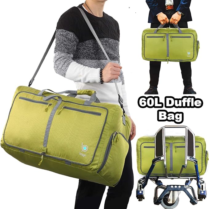 Bago Foldable Duffel Bags for Traveling Women & Men - 60L Medium Packable Duffle Bag for Travel with Shoe Compartment - Water Repellant, Heavy Duty, Lightweight Folding & Collapsible (Green)