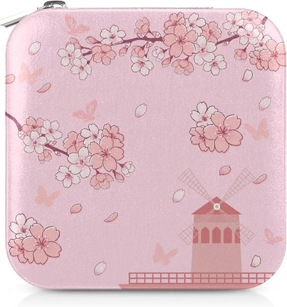 Cherry Blossom Leather Jewelry Boxes, Pink Mini Travel Jewelry Case Organizer, Elegant Jewelry Organizers and Storage with Mirror, Christmas and Birthday Present for Women's and Girls