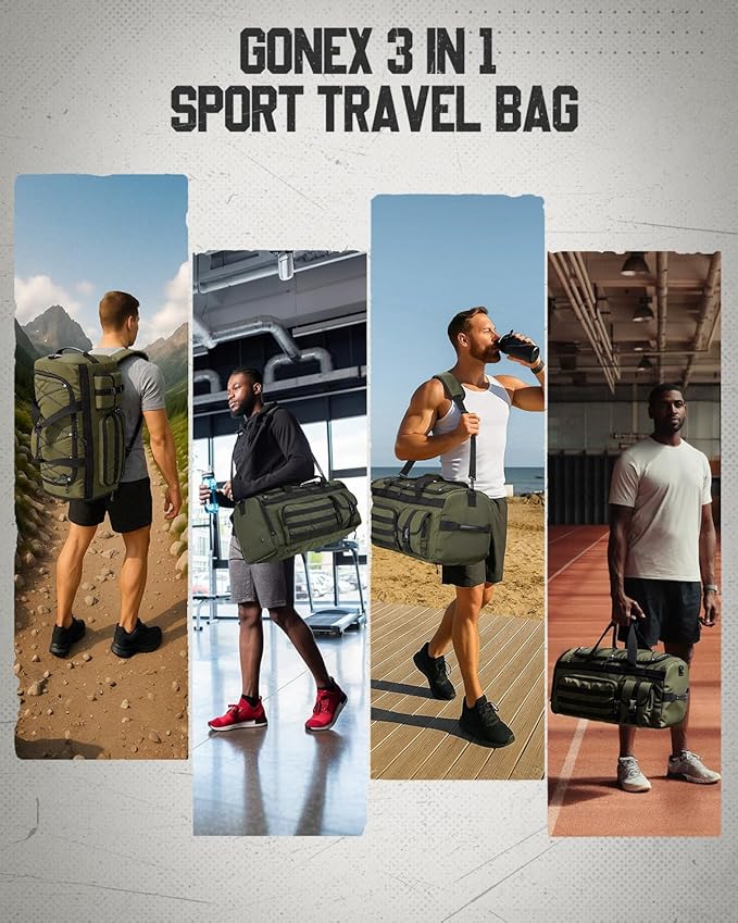 Gonex 45L Duffel Bag for Men, 3 in 1 Convertible Carry Gym Duffle with Shoe Compartment, Tactical Gear Loops, Water-Repellent Lining, Workout & Travel Bag (Army Green)