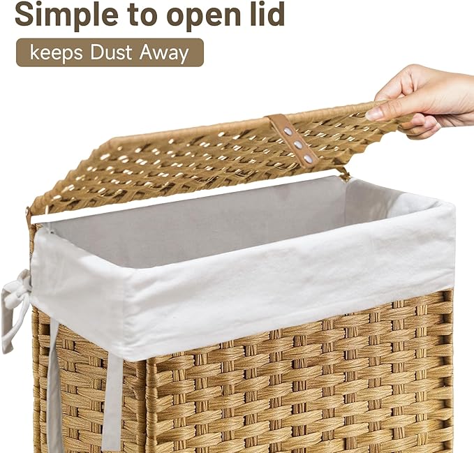 70L Slim Laundry Hamper with Lid & Wheels, Rolling Laundry Basket with 2 Removable Liner Bags & 3 Mesh Bags, Narrow Dirty Clothes Basket, Foldable Handwoven Rattan Laundry Sorter, Natural