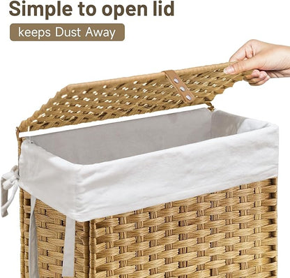 70L Slim Laundry Hamper with Lid & Wheels, Rolling Laundry Basket with 2 Removable Liner Bags & 3 Mesh Bags, Narrow Dirty Clothes Basket, Foldable Handwoven Rattan Laundry Sorter, Natural