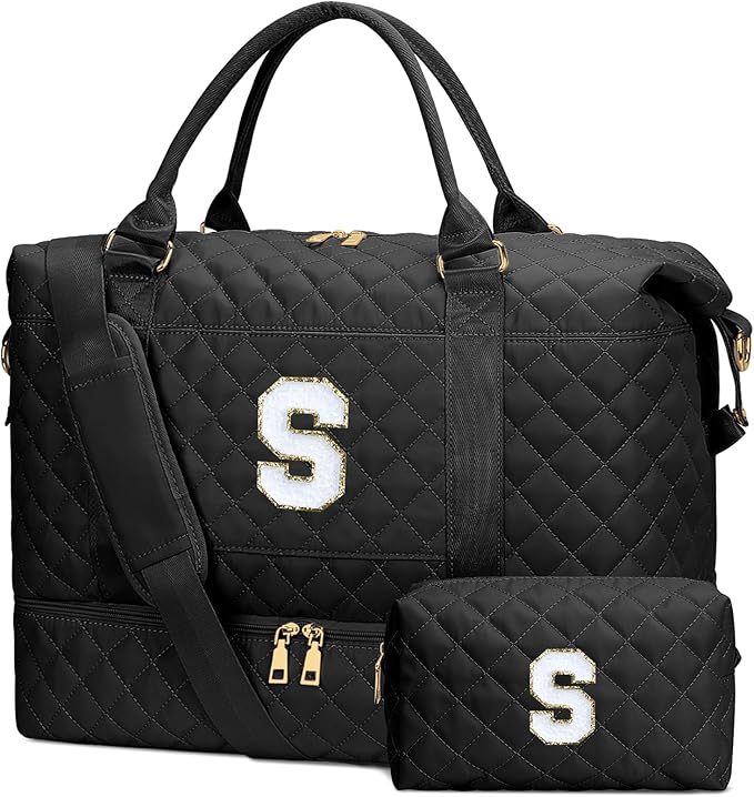 Gifts for Teen Girls Women Initial Travel Duffle Bag Quilted Weekender Carry-On Overnight with Cosmetic Bag, Gym Bag with Shoe Compartment, Black S
