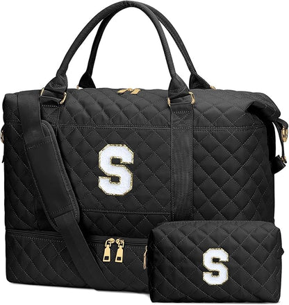 Gifts for Teen Girls Women Initial Travel Duffle Bag Quilted Weekender Carry-On Overnight with Cosmetic Bag, Gym Bag with Shoe Compartment, Black S