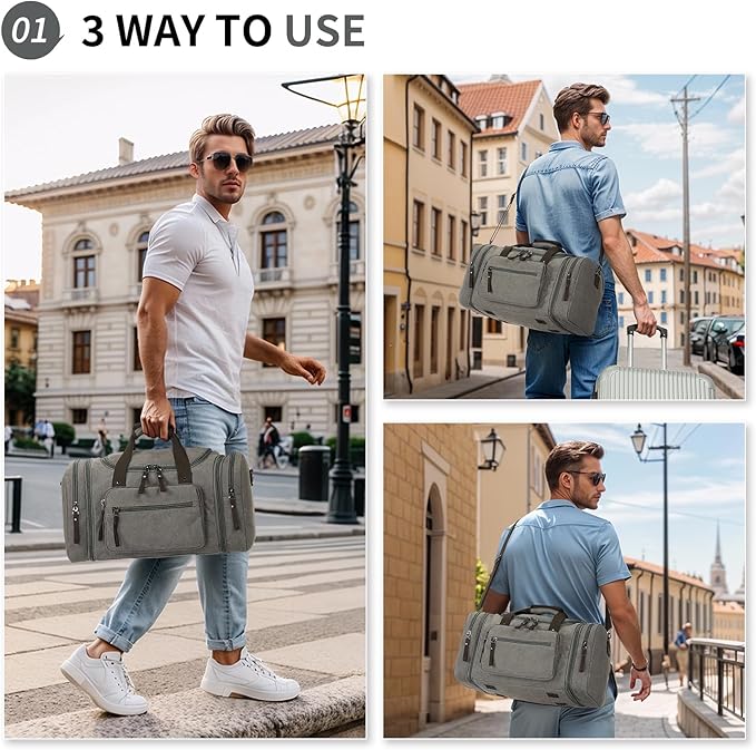 Expandable Canvas Duffel 50cm-58cm, Sturdy Zipper and Reinforced Handles, Lightweight Carry-On Weekender Bag for 3-5 Day Trips, Gray