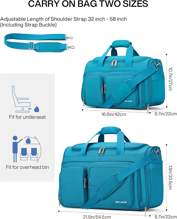 MILADA Underseat Carry On Luggage Bags for Travel Lightweight Foldable Carry On Bags for Airplanes Small Duffle Bag for Men Women Personal Weekend Overnight Travel Tote Bags, Caribbean Blue